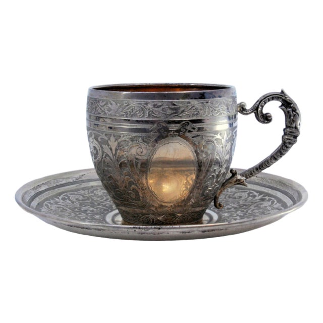 Cup and Saucer in Nickel Silver with Engraved Floral Motifs and Monogram Card, Set of 2 For Sale