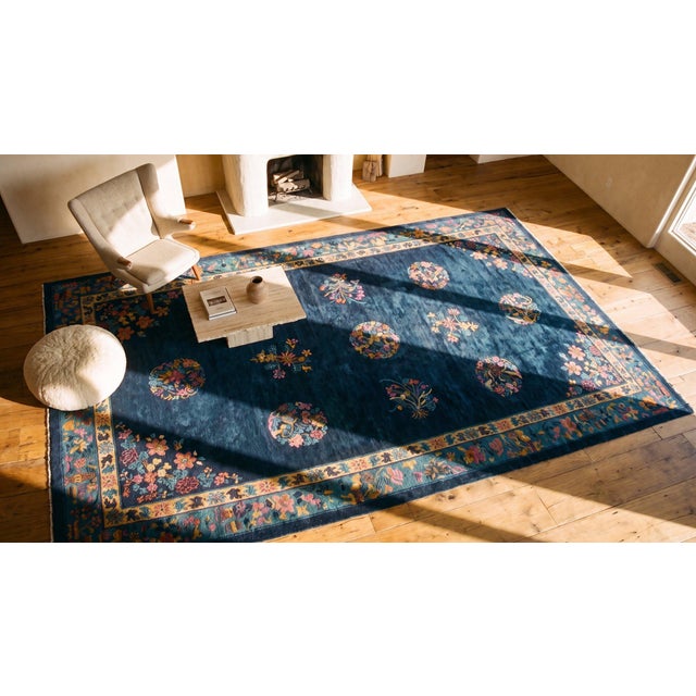 Majestic Navy Blue Color With Great Floral Design Chinese Art Deco Rug For Sale - Image 14 of 15