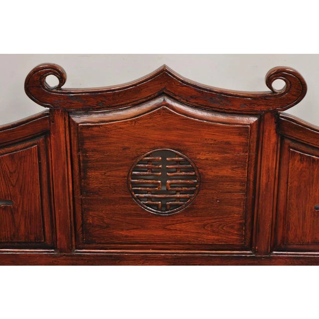 Vintage Chinese Mahogany Carved Wood Pagoda Sofa Hall Wedding Bench For Sale - Image 4 of 12