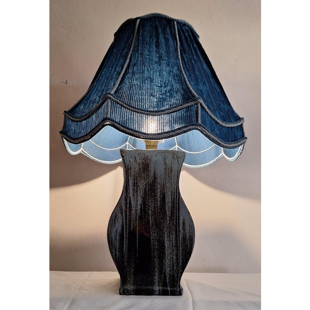 Textile Large Vintage Blue-Grey Gradient Glazed Ceramic Table Lamp with Fabric Shade, 1970s For Sale - Image 7 of 9