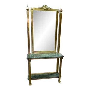 Hollywood Regency Style Hall Brass Mirror With Marble Console