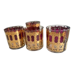 Vintage Culver 22-Karat Gold & Red Moorish Rocks Glasses- Set of 4