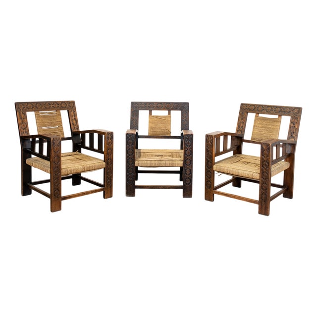 Neo-Basque Carved Armchairs in Straw and Oak, 1940s, Set of 3 For Sale