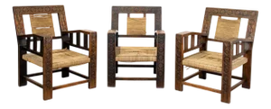Neo-Basque Carved Armchairs in Straw and Oak, 1940s, Set of 3