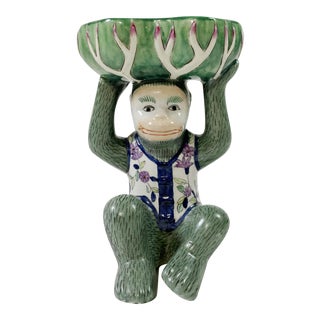 Seated Chinoiserie Monkey Holding Lotus Bowl For Sale