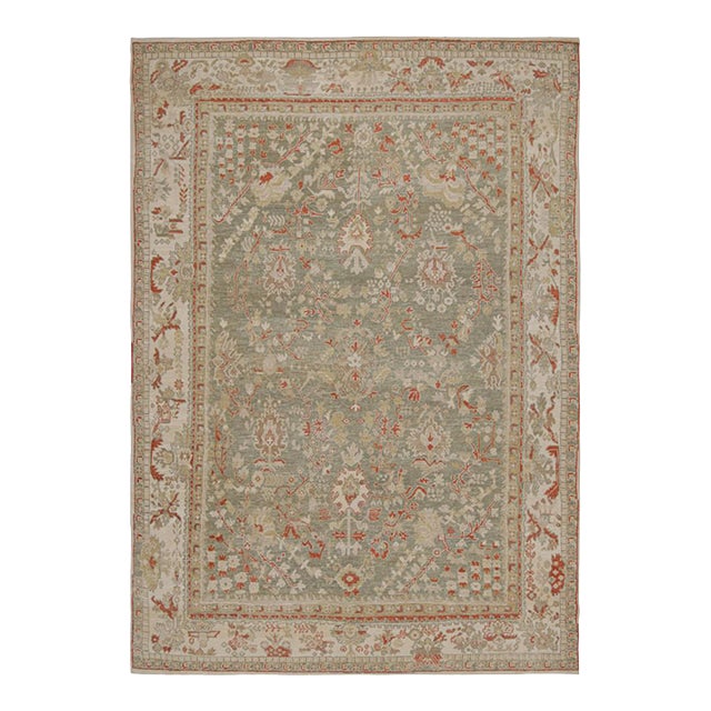Rug & Kilim’s Oushak Style Rug in Beige-Brown, Green Floral Patterns For Sale