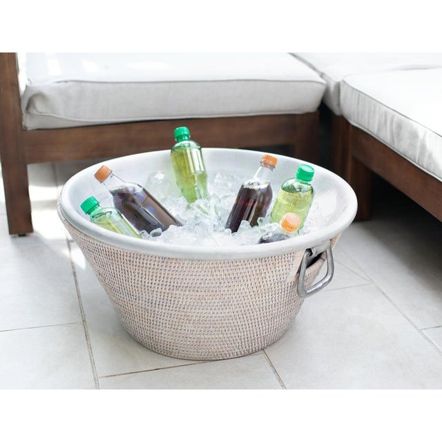 Boho Chic Artifacts Rattan Aluminum Ice Tub in White Wash For Sale - Image 3 of 7