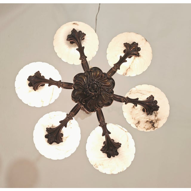Art Deco Bronze Chandelier with Six Alabaster Lampshades, Made in Italy in the 1950s/1960s. For Sale - Image 11 of 18