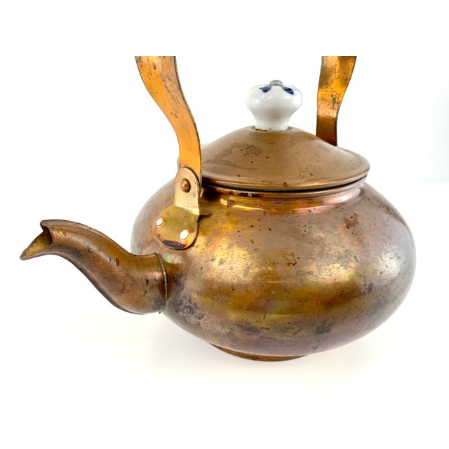 Metal Antique Style Copper Tea Kettle With Blue & White Porcelain Handle For Sale - Image 7 of 9