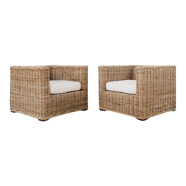 Pair of Michael Taylor Style Organic Modern Rattan Cube Chairs For Sale