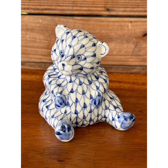 Blue Andrea by Sadek Ceramic Glazed Fishnet Pattern Bear Figurine For Sale - Image 8 of 10