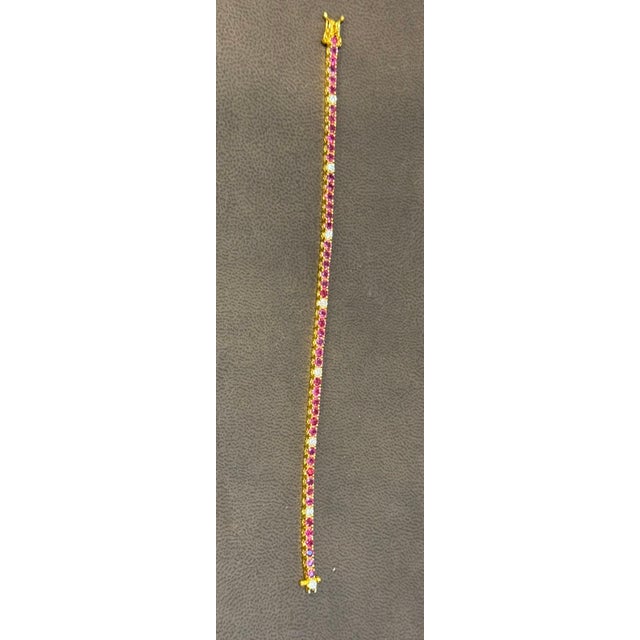 Ruby Red Natural Round Ruby & Diamond Tennis Bracelet 14 Karat Yellow Gold 6.75 Inch For Sale - Image 8 of 18