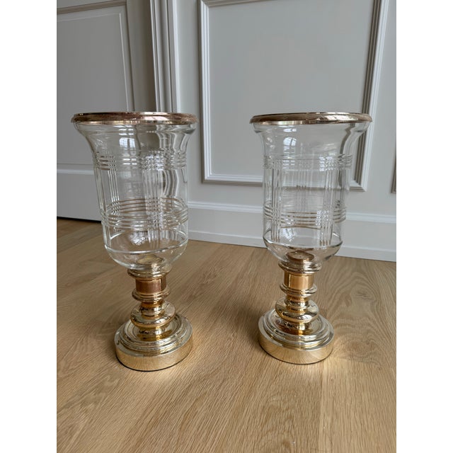 1990s Vintage Ralph Lauren Home Glen Plaid Crystal and Silver Metal Hurricanes – A Pair For Sale - Image 5 of 6