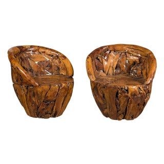 Rustic Vintage Pair of Root Wood Armchairs with Wraparound Backs For Sale