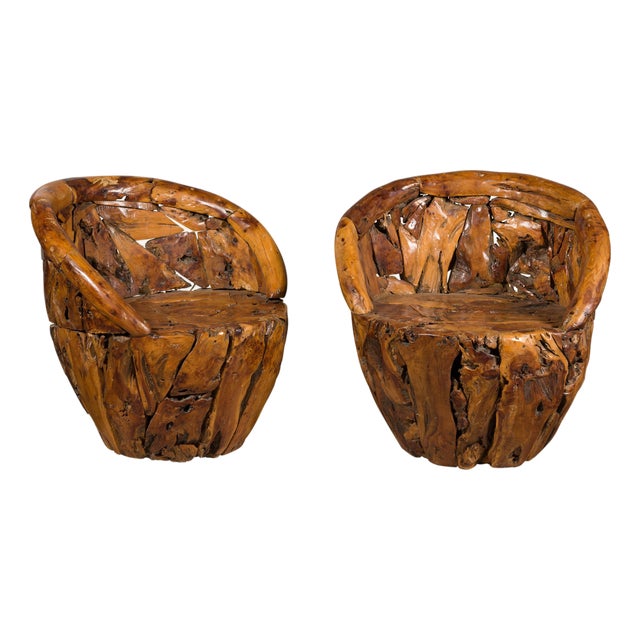Rustic Vintage Pair of Root Wood Armchairs with Wraparound Backs For Sale