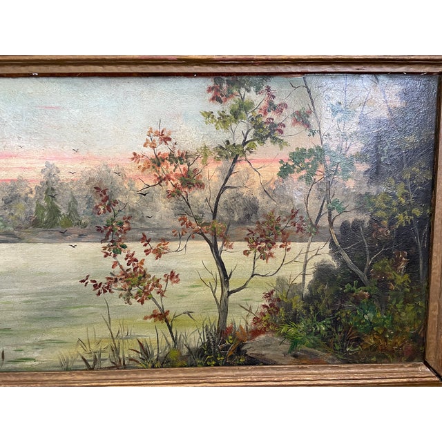 Early 19th Century Early 19th Century Lake & Woods Landscape Oil Painting With Deer and Birds For Sale - Image 5 of 12