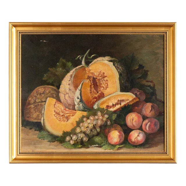 French School Artist, Still Life with Melon & Peaches, Oil Painting on Canvas, Early 20th Century, Framed For Sale