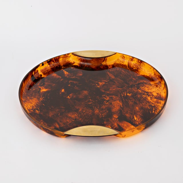 Metal Mid Century Guzzini Faux Tortoiseshell Tray Acrylic and Brass, 1970s For Sale - Image 7 of 12