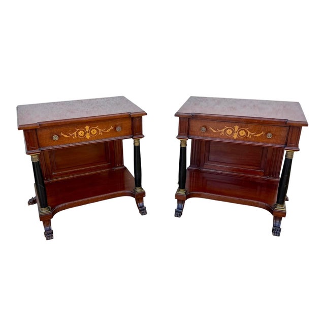 French Empire Wood Nightstands with Marquetry and Black Columns, 1935, Set of 2 For Sale - Image 15 of 15