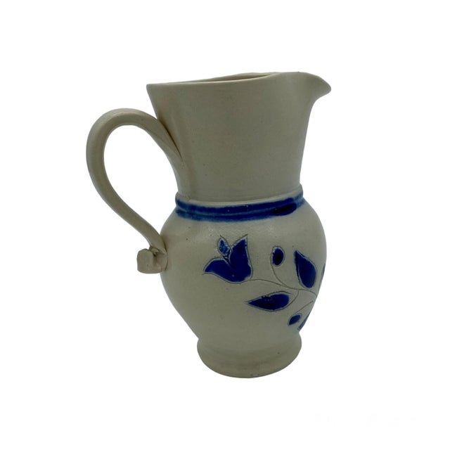 Traditional Vintage Williamsburg Salt Glazed Stoneware Pottery Cobalt Blue Leaf Pitcher For Sale - Image 3 of 4