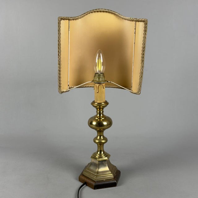 Vintage Brass and Wood Table Lamp with Beige Fabric Shade, 1960s For Sale - Image 4 of 13