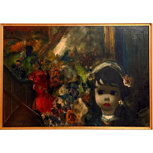 Jean Calogero (Italian, 1922-2001) 23 x 30. framed. 21.5 x 15 canvas. Hand signed Little girl at a party with flowers...