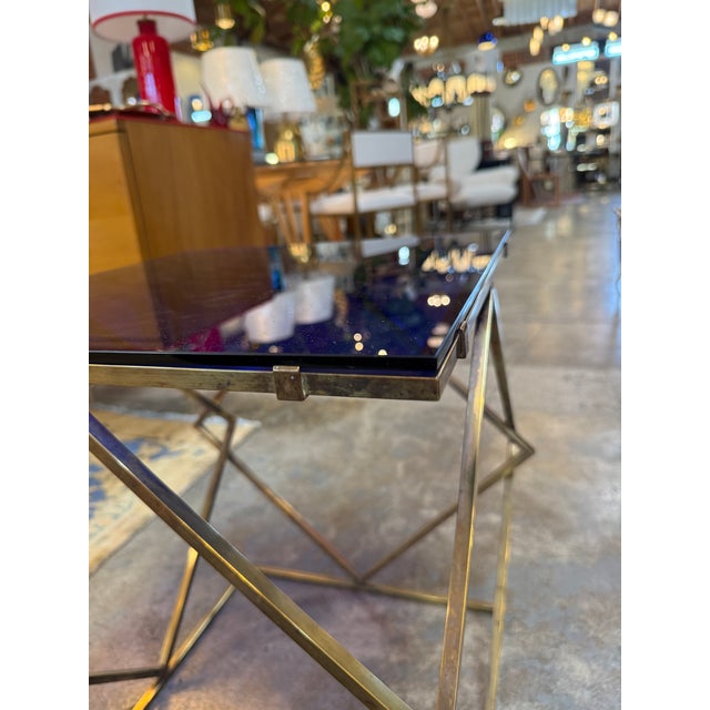 Blue 1970s Italian Geometric Brass Side Table With Blue Glass Top For Sale - Image 8 of 9