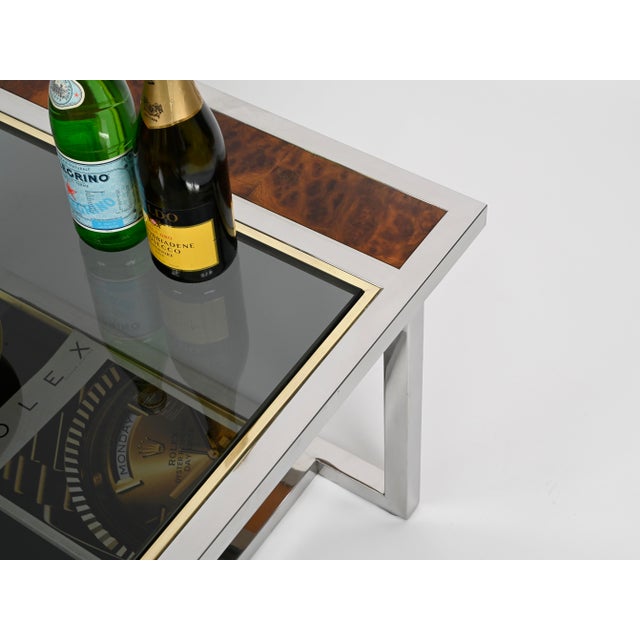 Coffee Table in Chrome, Brass, Burl Wood, and Smoked Glass, Italy, 1970s For Sale - Image 4 of 16