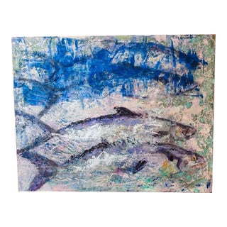 Joan Jardine Original Abstract Fish Painting - 20 X 16 Textured Blue & Metallic Silver Coastal Oil For Sale