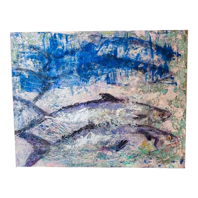Joan Jardine Original Abstract Fish Painting - 20 X 16 Textured Blue & Metallic Silver Coastal Oil For Sale