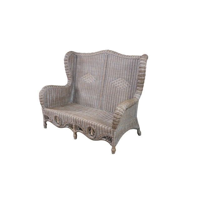 Victorian Late 20th Century Victorian Revival Large Woven Wicker Wingback Settee Lounge Bench Loveseat For Sale - Image 3 of 18