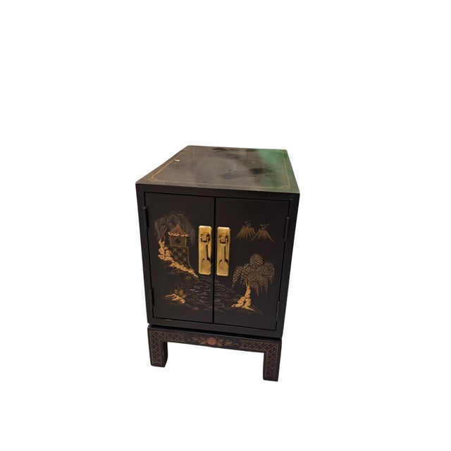 Chinoiserie Vintage Chinoiserie Black Lacquer Cabinet Side Table — Hand-Painted Asian Landscape For Sale - Image 3 of 11