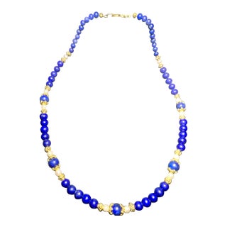 Gemstone Necklace Blue Lapis Lazuli and White Pearl Beads With Gold-Tone Accents, Vintage Mid Century Modern. For Sale