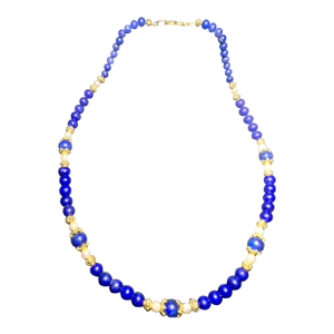 Gemstone Necklace Blue Lapis Lazuli and White Pearl Beads With Gold-Tone Accents, Vintage Mid Century Modern.