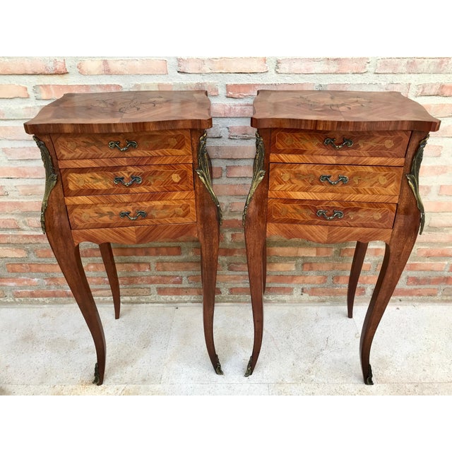 Wood French Classic Louis Vx Style Marquetry Nightstands with Three Drawers, 1920s, A Pair For Sale - Image 7 of 18