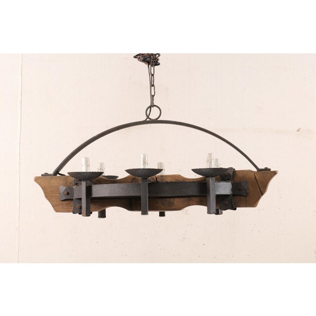 Wood Mid 20th Century French Wood Beam & Iron Chandelier For Sale - Image 7 of 8