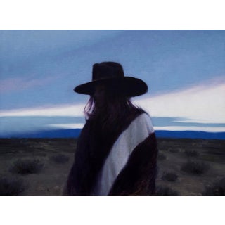 Silent Solitude by Derek Harrison | Oil on Linen Painting of a figure in a hat against a landscape For Sale