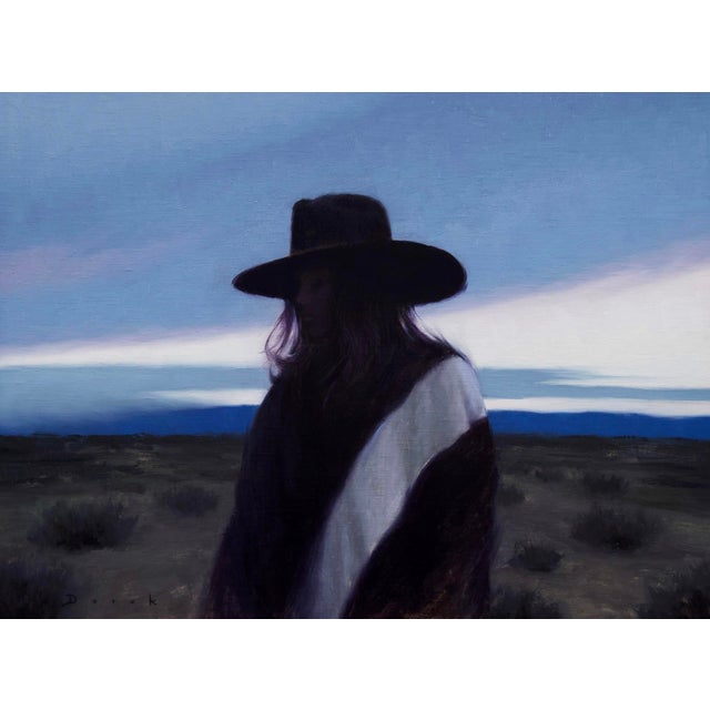 Silent Solitude by Derek Harrison | Oil on Linen Painting of a figure in a hat against a landscape For Sale