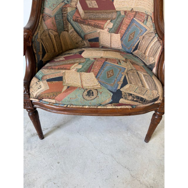 Vintage French Empire Style Carved Ram’s Head Arm Club Chair With Book Motif Upholstery For Sale - Image 10 of 12