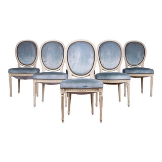 Antique French Louis XVI Style Painted Dining Chairs W/ Blue Velvet - Set of 6 For Sale