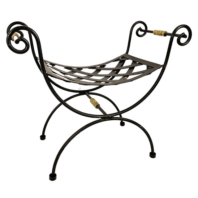 1940s Neoclassical Blacksmith Wrought Iron and Brass Curule Bench For Sale - Image 4 of 10
