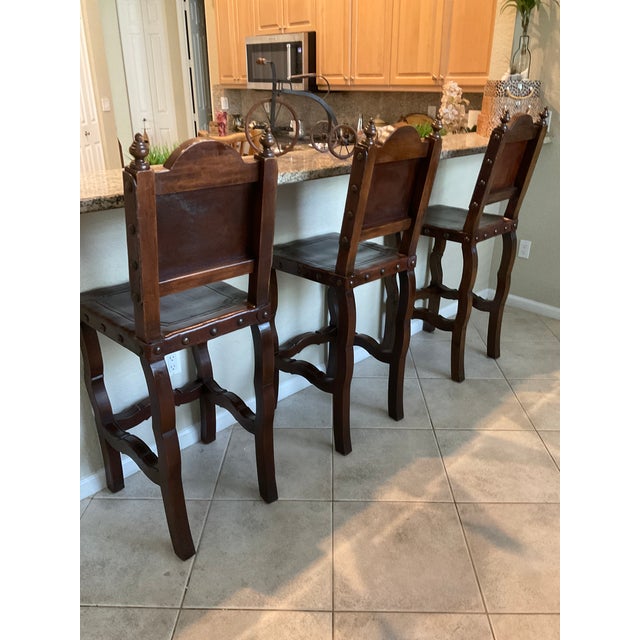 1970s Vintage Spanish Colonial Bar Stools Hand Tooled Leather Seats and ...