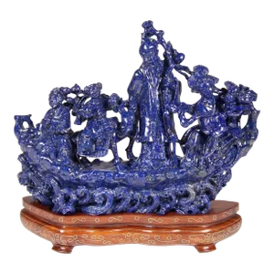 Circa 1950 Chinese Lapis Lazuli Stone Carving of Shou Lao on Boat Sculpture