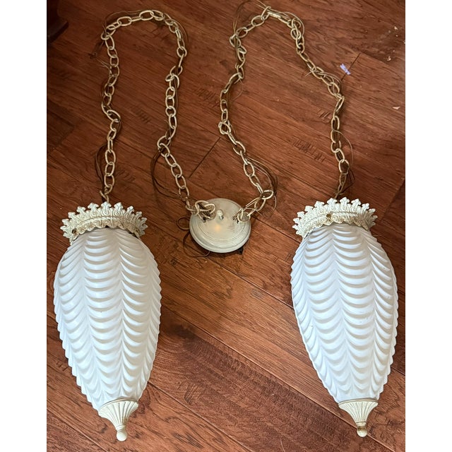 1960s Hollywood Regency Mid Century Swag Two-Light Ceiling Fixture - White Frosted Ruffled Drapery Shades For Sale - Image 12 of 12