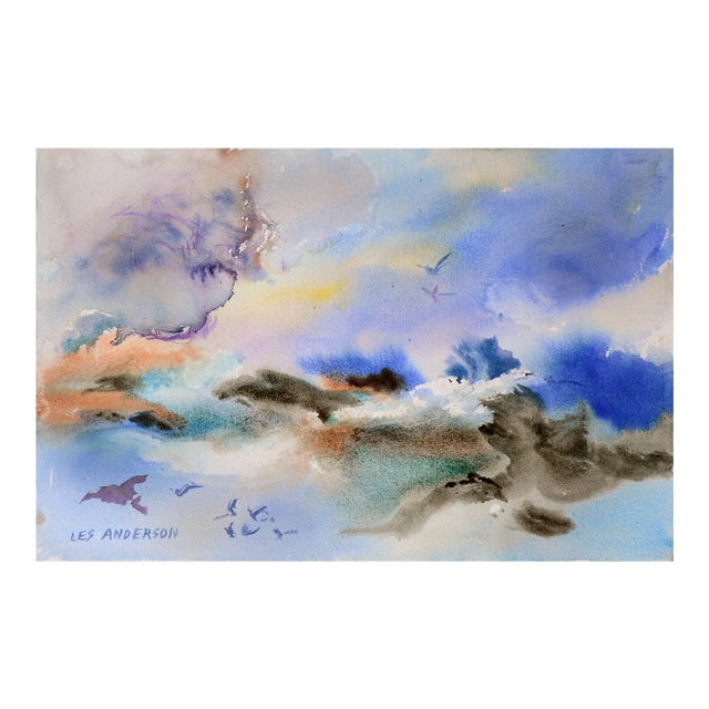 Sky & Surf - Abstracted Watercolor Landscape With Birds by Les Anderson For Sale