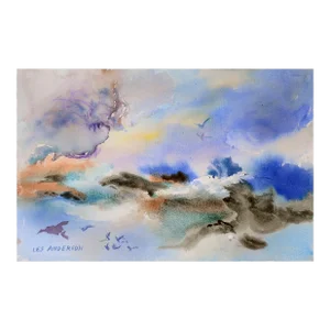 Sky & Surf - Abstracted Watercolor Landscape With Birds by Les Anderson