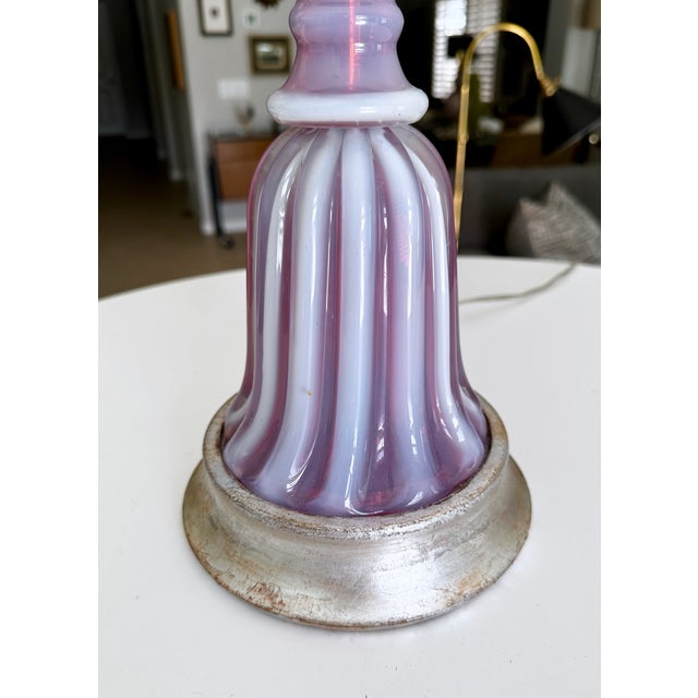 Large Raspberry Lavender Opaline Murano Glass Ribbed Table Lamp by Barovier For Sale - Image 15 of 16