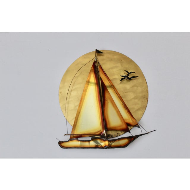 Curtis Jere Style Vintage Mid Century Brass Sun Flying Birds Sailing Boat Wall Decoration Sculpture For Sale - Image 9 of 9