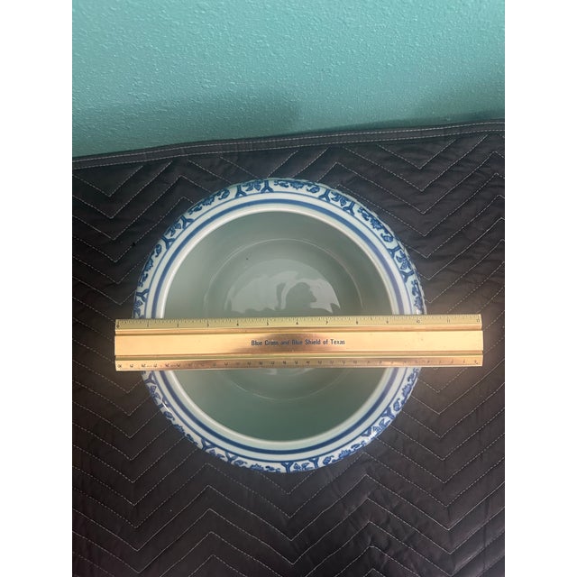 Vintage Chinese Blue & White Porcelain Fishbowl Jardinière With Qianlong-Style Mark For Sale - Image 4 of 7