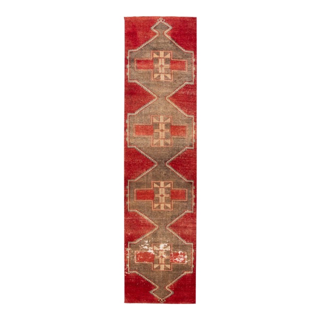 Red Vintage Turkish Geometric Wool Runner For Sale